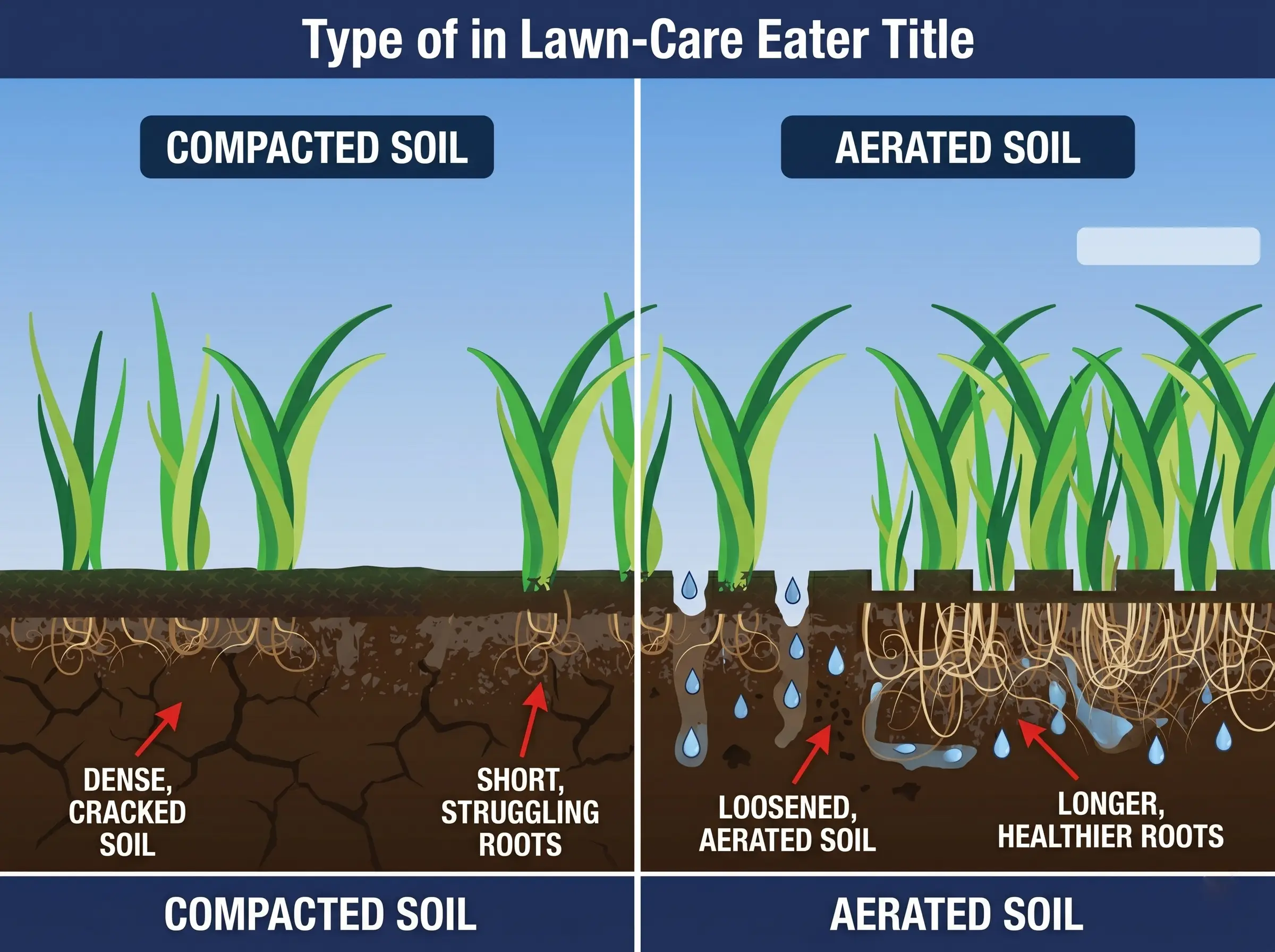 Diagram of compacted soil before aeration and deeper roots after aeration and overseeding