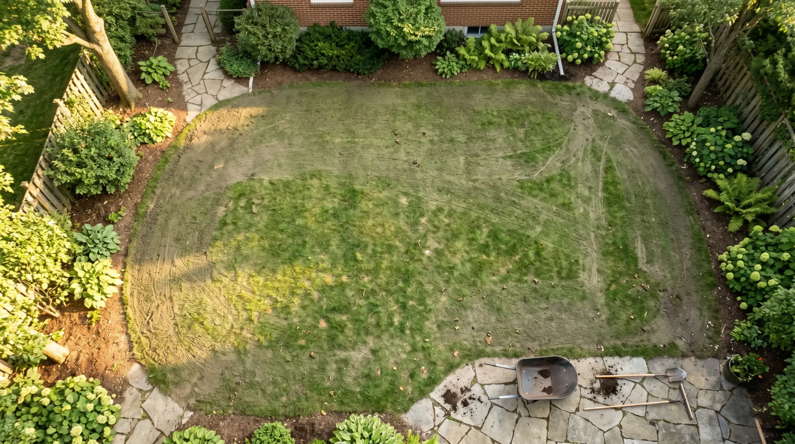 Rough, uneven lawn before leveling in greater Milwaukee
